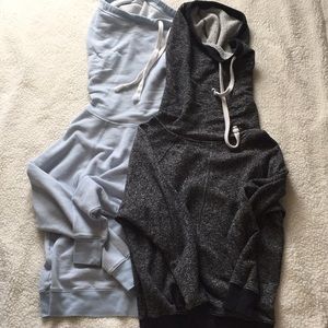Two sweatshirts with extra long neck hoods